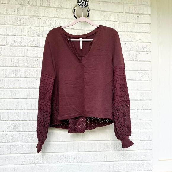Anthropologie Tops - Anthropologie Burgundy Lace Eyelet Sleeve Long Sleeve